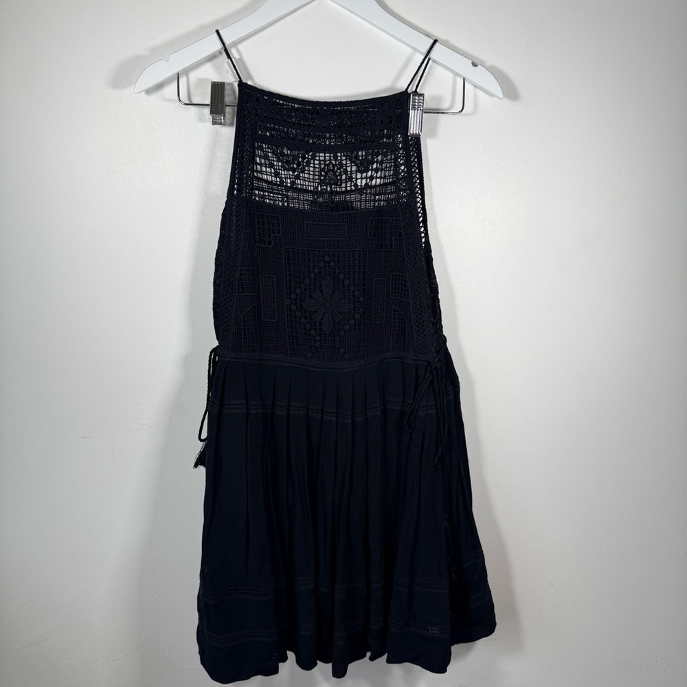 Free People Black Crochet Lace Halter Pleated Mini Dress Size PS w/ Ties on Side